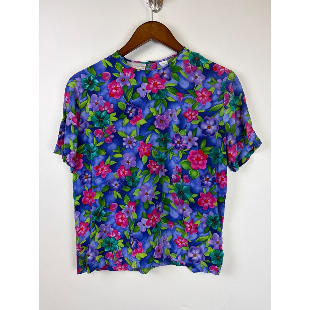 Liz Claiborne Silk Blouse 6P Blue Floral Vintage 90s‎ Top Fairy Garden Bright